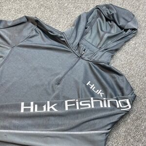 Huk Performance Fishing Hoodie Men's Gray Long Sleeve Quarter Zip Pullover XL